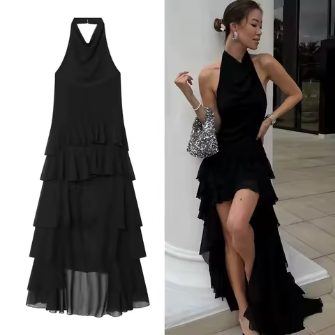 Women's Dress Long Evening Party Pleated Dresses 2025 Backless Corset Sleeveless Asymmetrical Layered Ruffled Tulle Halter Dress
