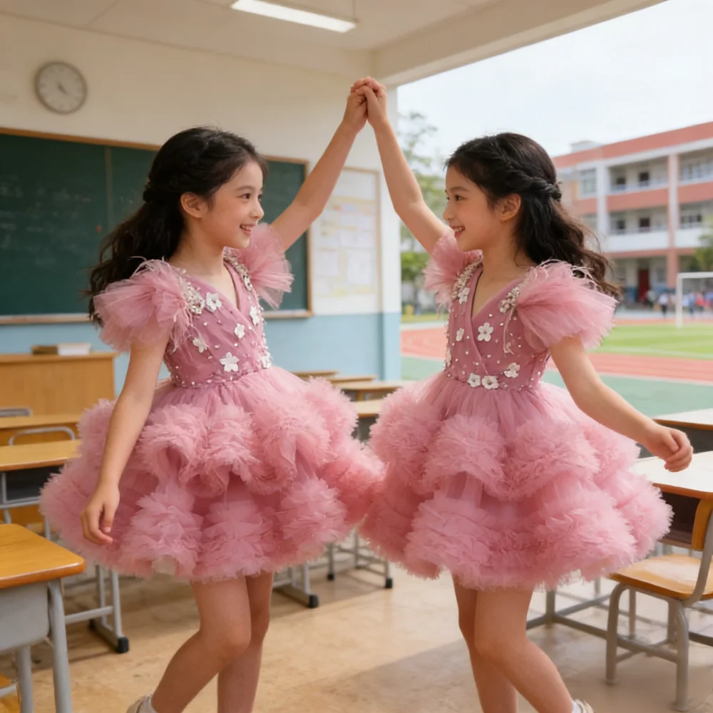 

Girl Dress Clothes Princess Formal Gown For Kids Piano Performance Elegant Luxury Host Wedding Flower Girl Pink Dresses Party
