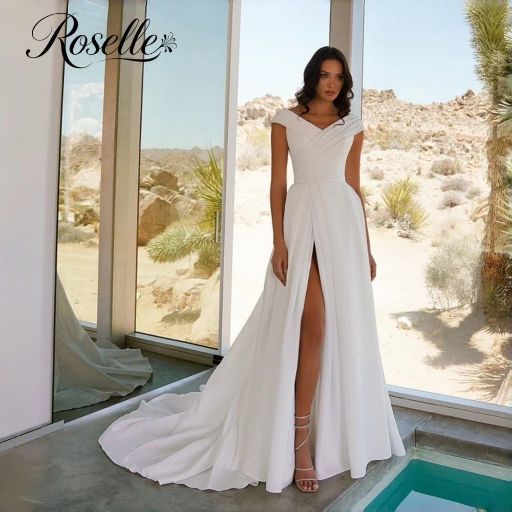 ROSELLE Simple Elegant V-Neck Cap Sleeve A-Line Wedding Dress High Side Slit Chiffon 2026 Bridal Customized Vestido De Novia