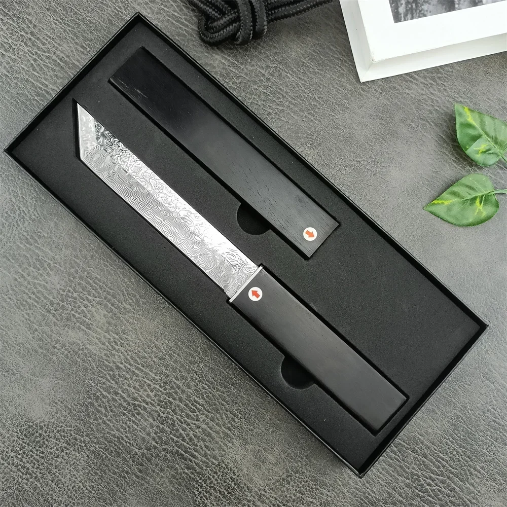 Hunting Damascus Warrior Fixed Blade Knife Steel Tanto Blade Ebony Handle with Original Box Survival EDC Tool Military Knives