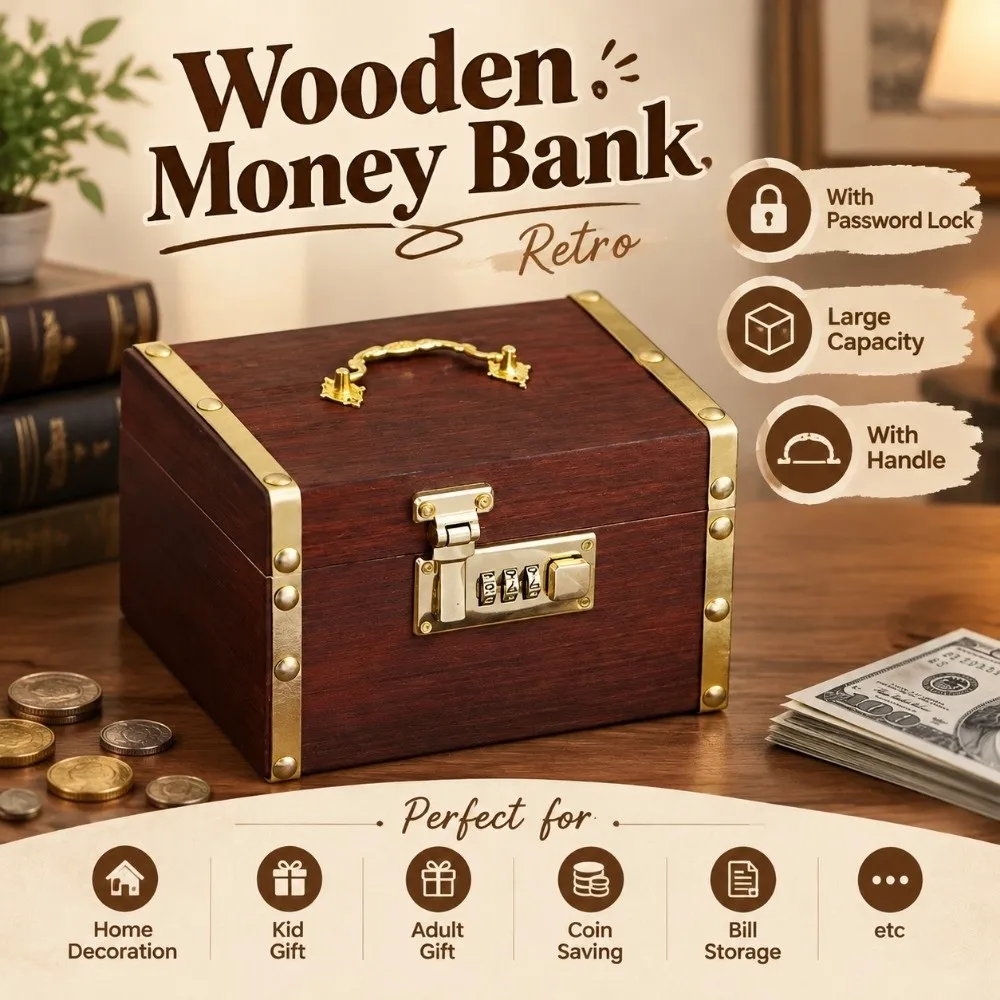 Retro Wooden Money Bank With Password Lock Large Capacity Piggy Bank Three-digit Password With Handle Treasure Storage Box