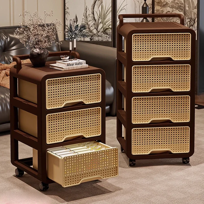 Multi-Layer Imitation Rattan Storage Cart with Drawers Mobile Snack Rack Organizer for Living Room Kitchen Trolley