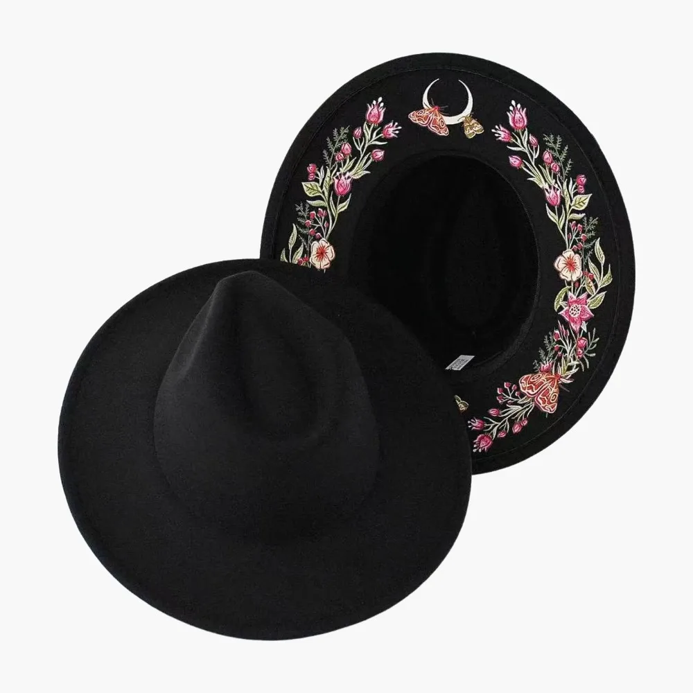 Creative Black Top Hat with Heat Transfer Embroidery Pattern, Gothic Vintage Fedora Hat for Women Men, Unique Costume Party Hat