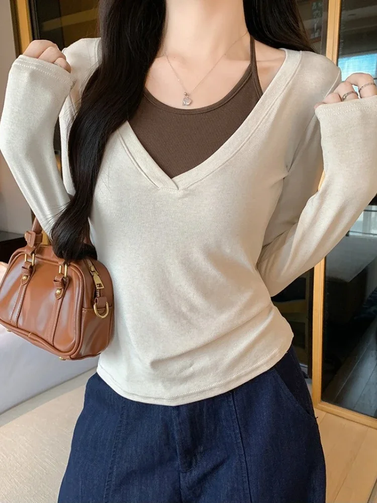 New Spring Autumn Womens Fake 2-piece Set Pullover Slim Long Sleeve T-Shirt Color Blocking V-neck Halter Casual Women's Clothing