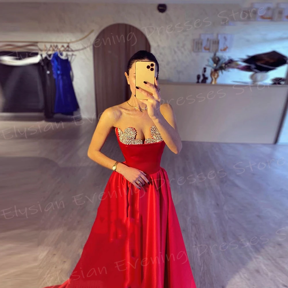 Sexy Romantic Red A Line Women\'s Evening Dresses Classic Sleeveless Strapless Beaded Prom Gowns Formal Occasion Vestido De Noche