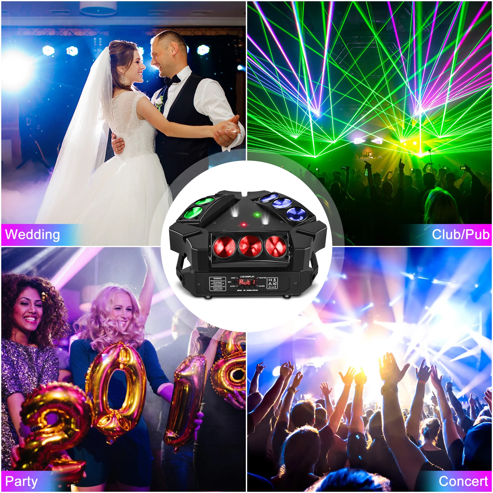 Yiflamefly Mini 9 Head Bird Moving Head Stage Effect Light with Strobe  RGB LEDs DMX512 Sound Auto Master-slave For Parties Club