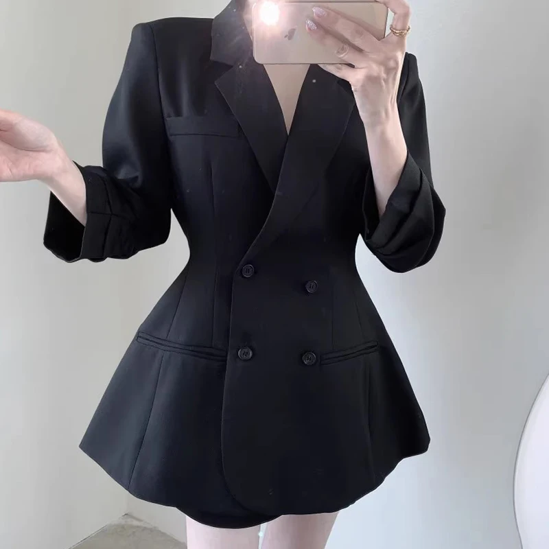 

Ele Double-Breasted Long-Sve Suit Jaet Women's Slimming Waist-Cinching Autumn Faionable Top Quali Material
