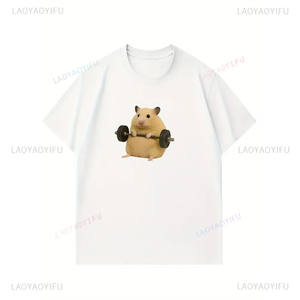 Funny Hamster Lifting Weights Graphic Harajuku Short Sleeve Casual T-shirt Fashion Loose Street Aesthetic Clothes Man Clothing