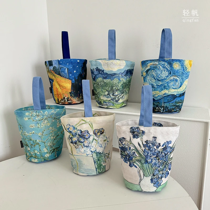 

Light sail @Van Gogh starry sky oil painting printing walking mini handbag water cup bag canvas bag logo customization