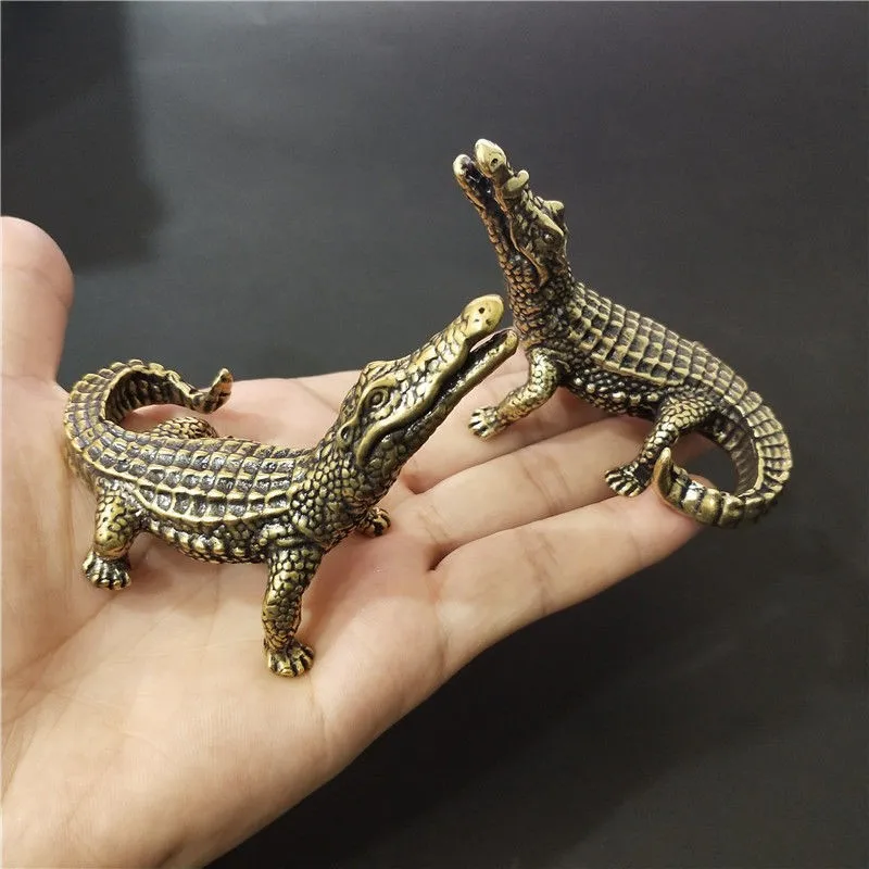 Antique Bronze Crocodile Miniature Figurines Vintage Brass Mini Alligator Statue Desk Ornaments Home Feng Shui Decor Crafts