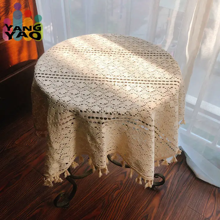 

Crochet Lace Hollowed Out Tablecloth Bedside Table TV Refrigerator Decorative Cover Off White Fringe Edge Square Tabletop Cloth