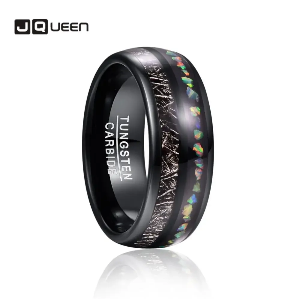 JQUEEN 8mm Black Imitation Vermiculite Tungsten Rings For Men Jewelry Classic Dome Opal Wedding Carbide Ring