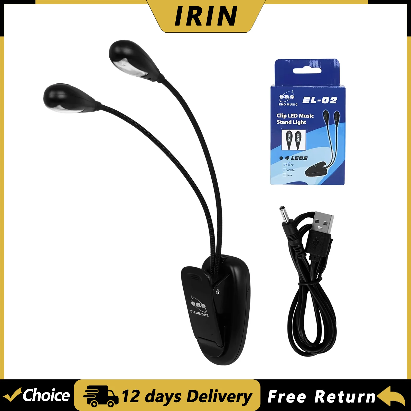 IRIN EL-02 LED Music Score Light Clip Light Rechargeable Reading Light with Dual Pole Bual Head Book Light Light Portable Stand