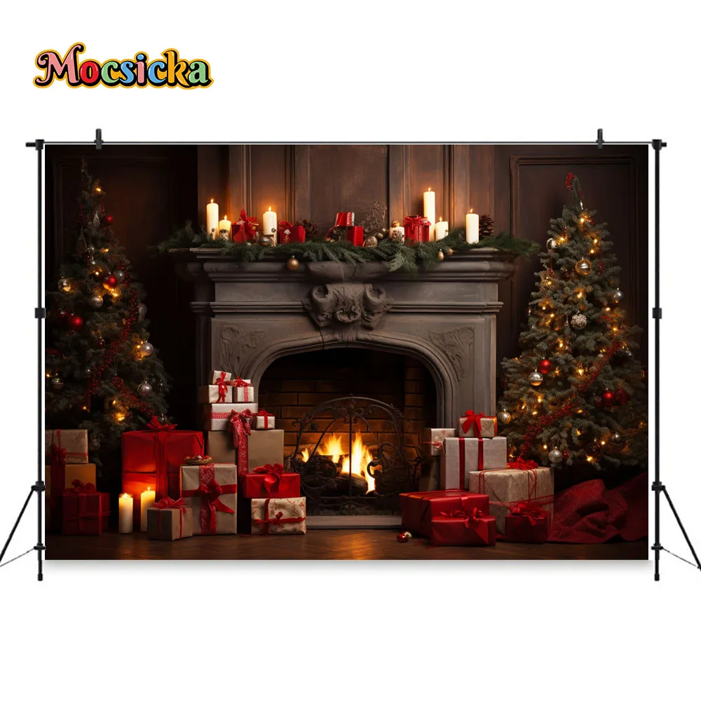 Christmas Fireplace Red Wall Photography Studio Backdrop Xmas Tree Wreath Gift Decor Background Family Portrait Photobooth Props