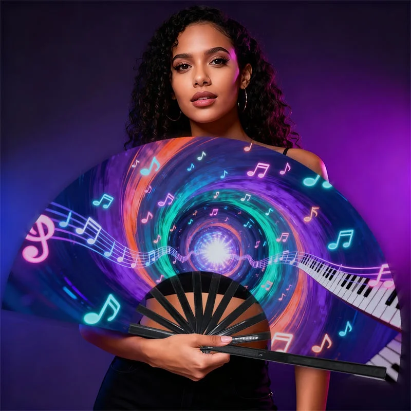 1pc of a Music-Themed Portable Fan Designed for Men, Made from Polyester (Terylene). It Features a Vibrant Color Vortex And Musical Motifs, Making It Perfect for Stage Performances, Parties, Cosplay Events, Clubs, Without Battery