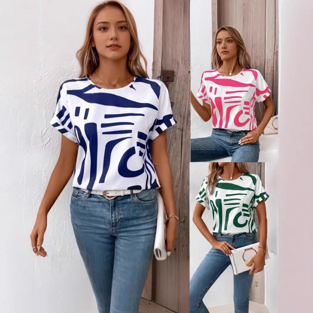 

Women's Geometric Print irt Ele Sle Loose Fit Polyester ort Sve Casual Top Faionable Summer Clothing