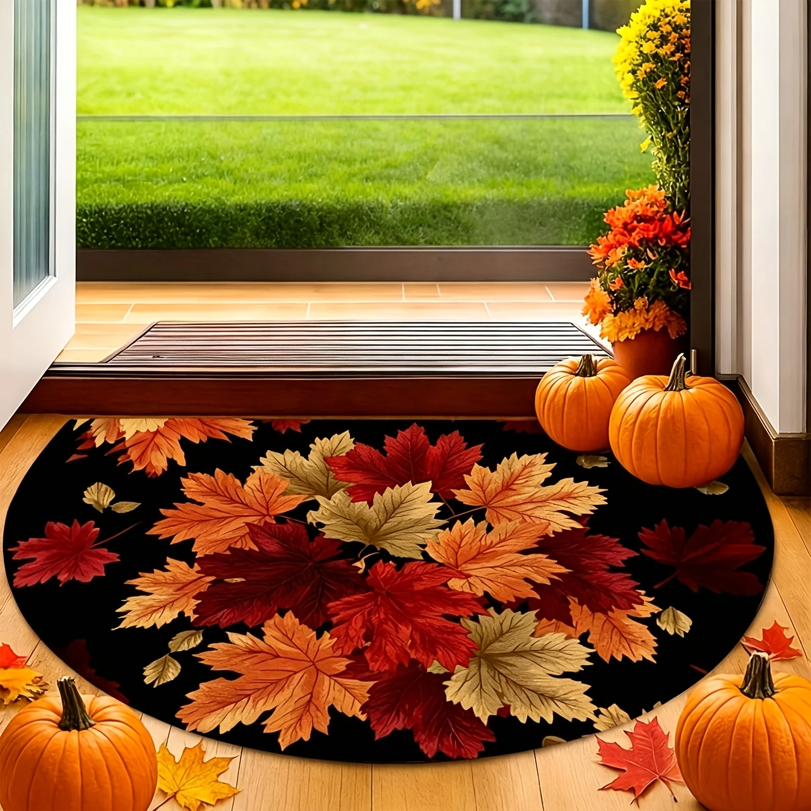 VIKAMA Fall Autumn Leaves Half Round Doormat Non Slip Washable Rug for Front Door Entryway Kitchen Harvest Decor