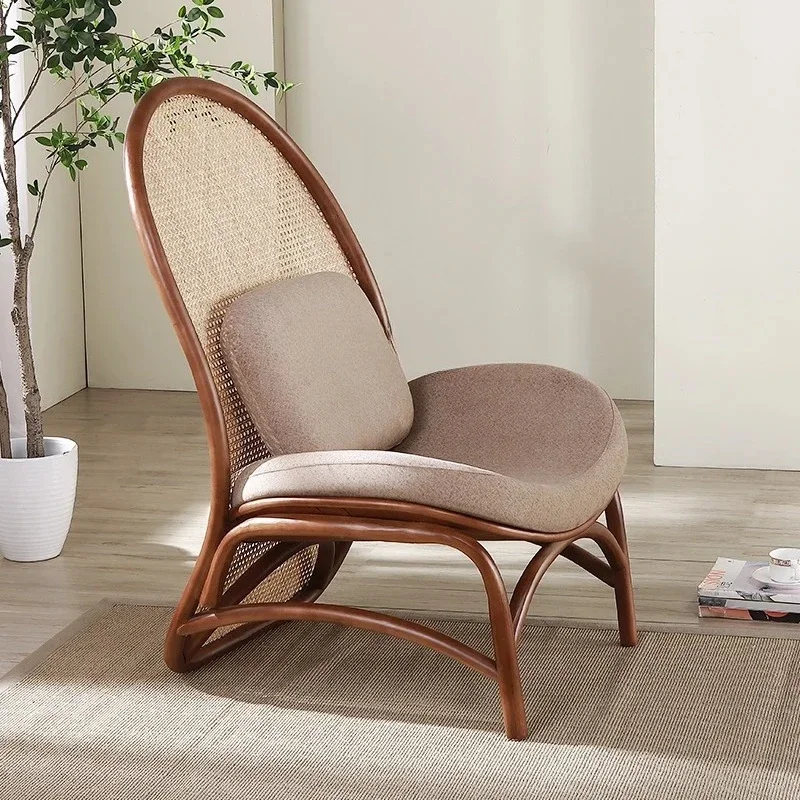 Nordic rattan, creative solid wood sofa chair, home living room single recliner, casual backrest fabric rattan chair