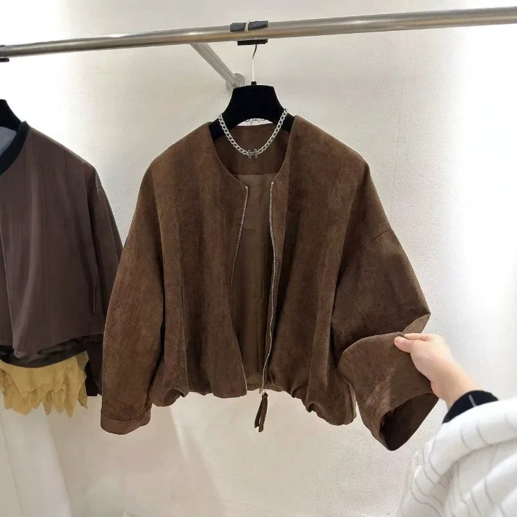 High-End European-Style Autumn New Loose-Fitting Slimming Retro Suede Round-Neck Zip-Up Jacket Stylish Top for Women