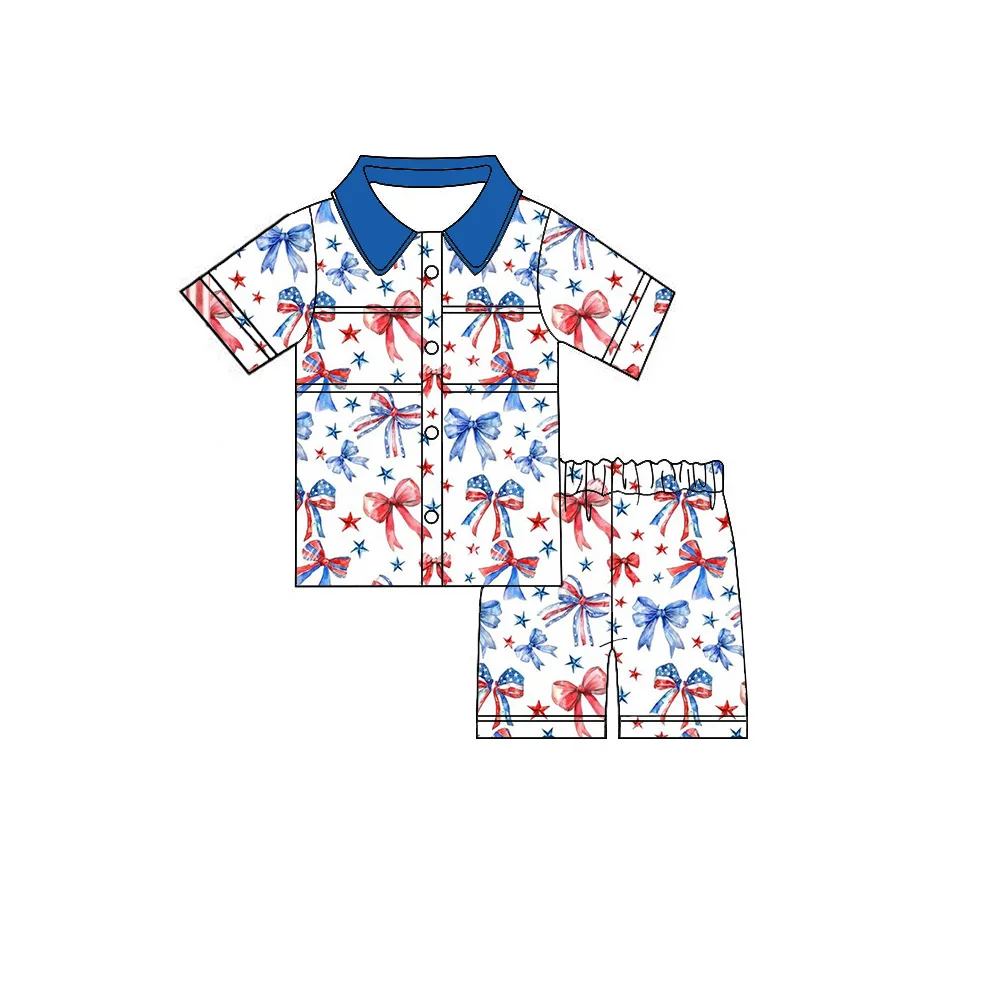 Boutique children's Boys' and girls' pajamas set Collared short sleeves dress with shorts Independence Day Print Series wholesal