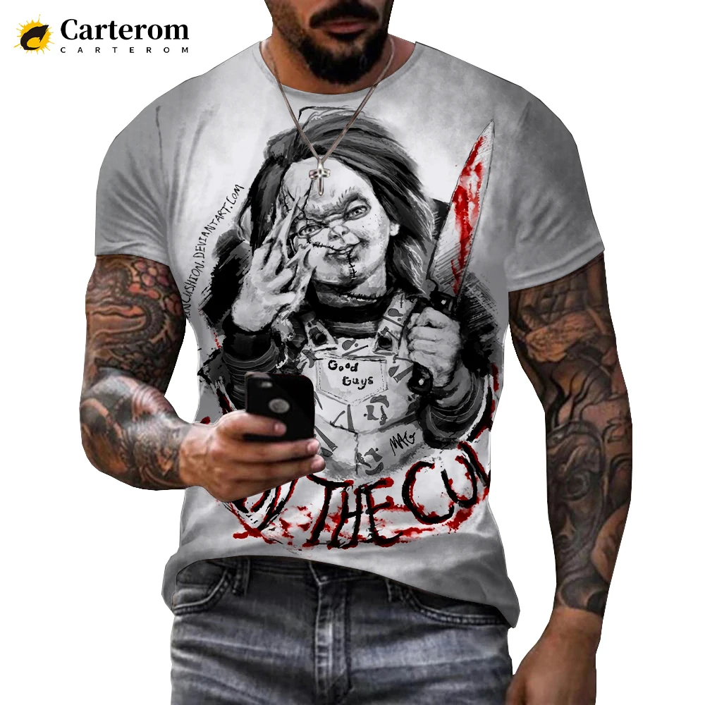 Nova chegada filme de terror criança do jogo personagem chucky 3d impresso camiseta das mulheres dos homens crianças verão casual streetwear topos