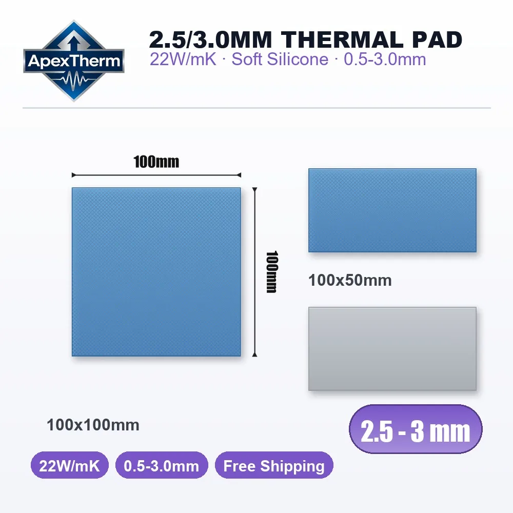 22W/mK Thick Thermal Pad 2.5mm 3.0mm 100x100mm for GPU Mining Rig Heatsink Cooling Soft Silicone Gap Pad