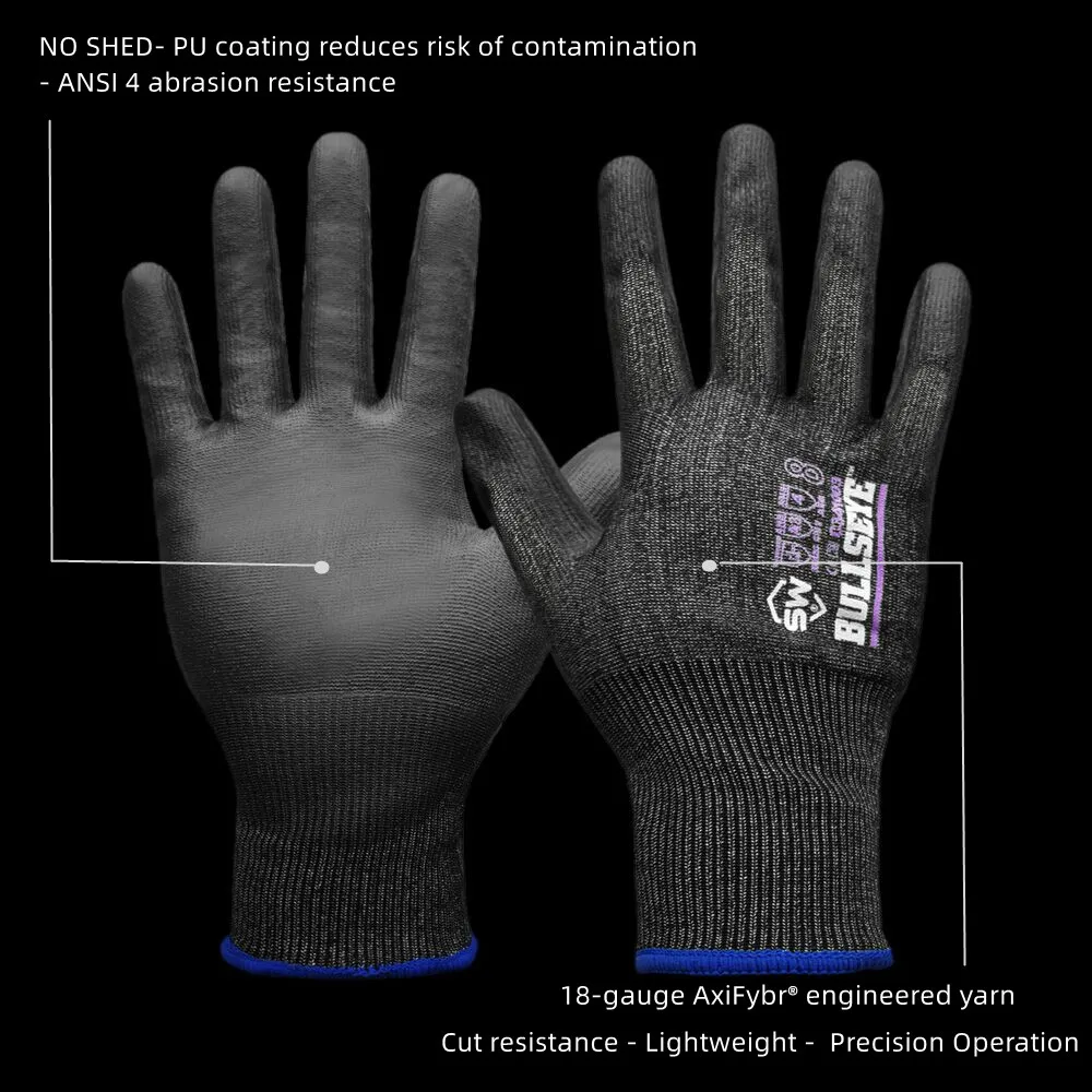 BullsEye 18gauge Ultra Lightweight Cut Resistance ANSI 3 Work Safety Gloves, Thin PU Palm Coated, Precision Work, Abrasion, Grip