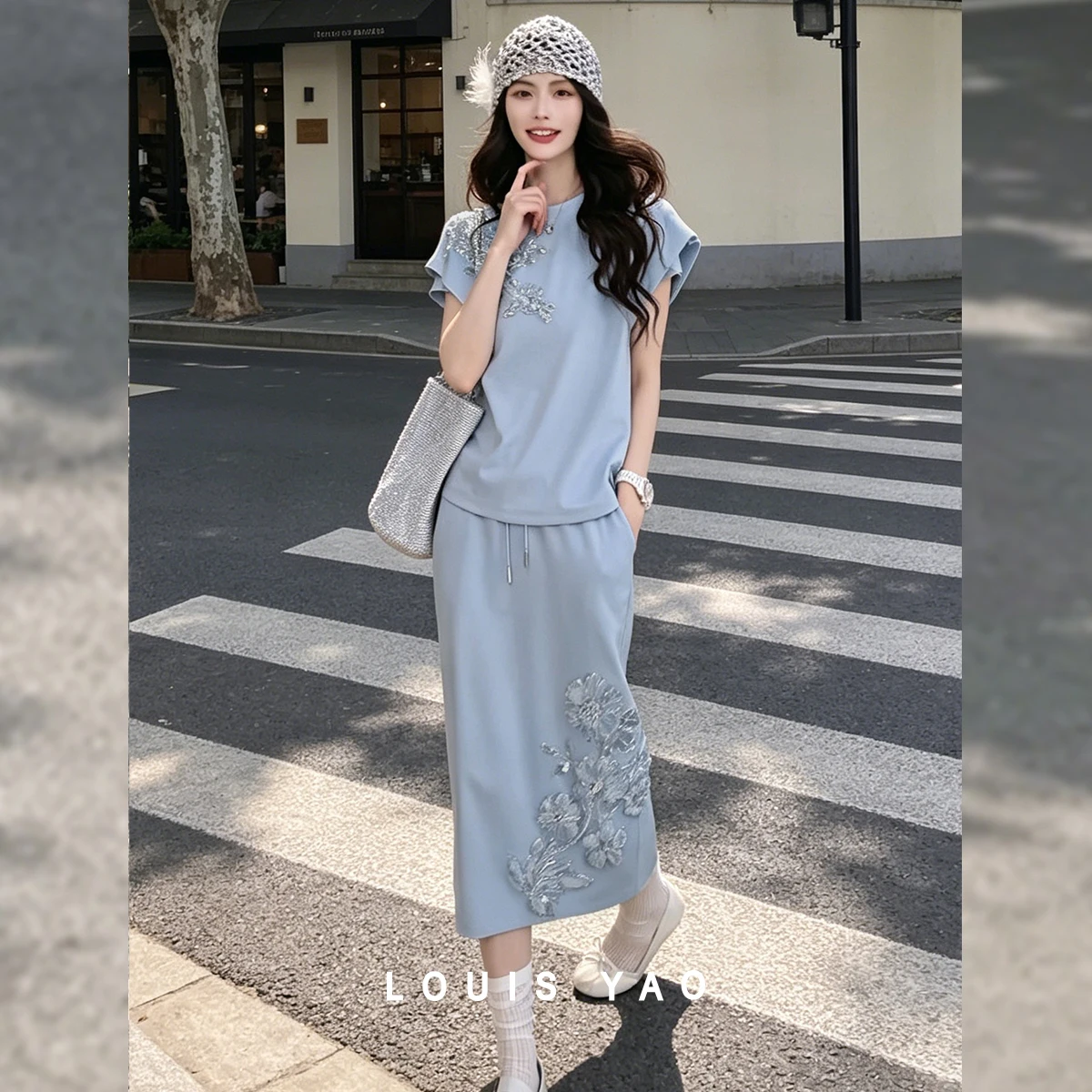 LOUIS YAO French Women's Dress Sets 2026 Summer Two-Piece Outfit Sophisticated Knit Set Slight Stretch with Sequin Patch Florals