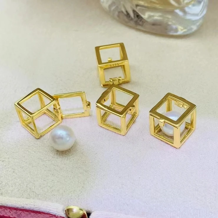 Square Shape Cage 925 Sterling Silver Pendant Base Mountings Findings Parts Fittings Accessories for 6-7mm Pearls 10pcs/lot