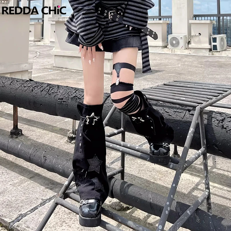 

ReddaChic Gothic Lolita Women Shiny Star Leg Warmers Denim Gaiter Belted Knee Long Socks Y2k Boots Cover Acubi Fashion Clothes