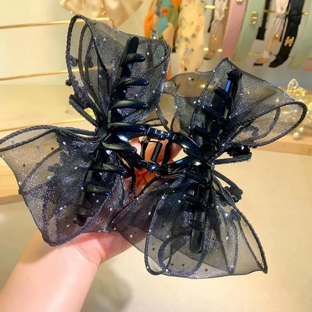 Female Cute Black Shiny Rhinestone Butterfly Hairpins Rope for Women Exquisite Ladies Bowknot Hair Claws New Accessories - Image 4