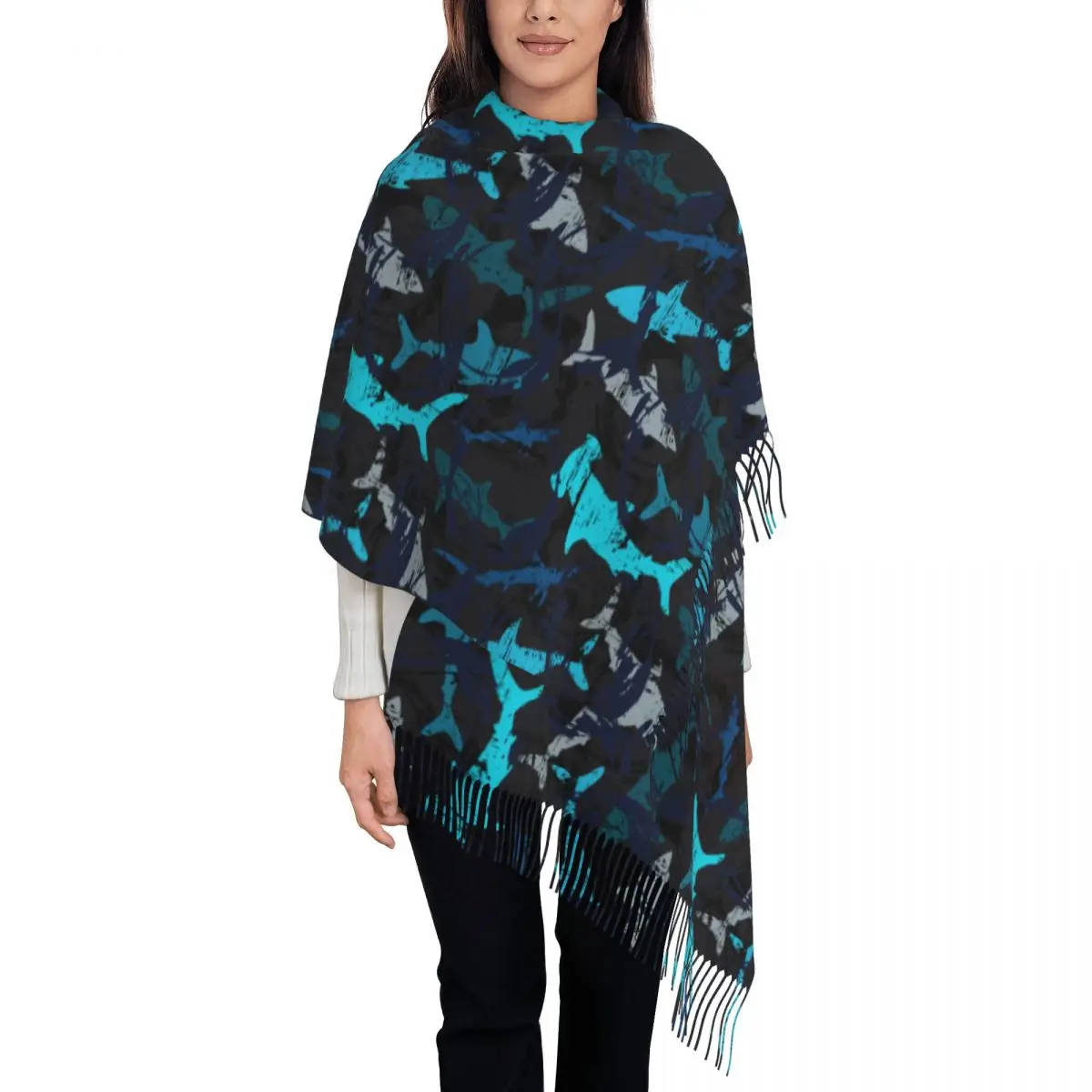 Tassel Scarf Shark Vintage Underwater World Ocean Sea Marine Organism Large Winter Warm Shawl and Wrap Gifts Cashmere Scarf