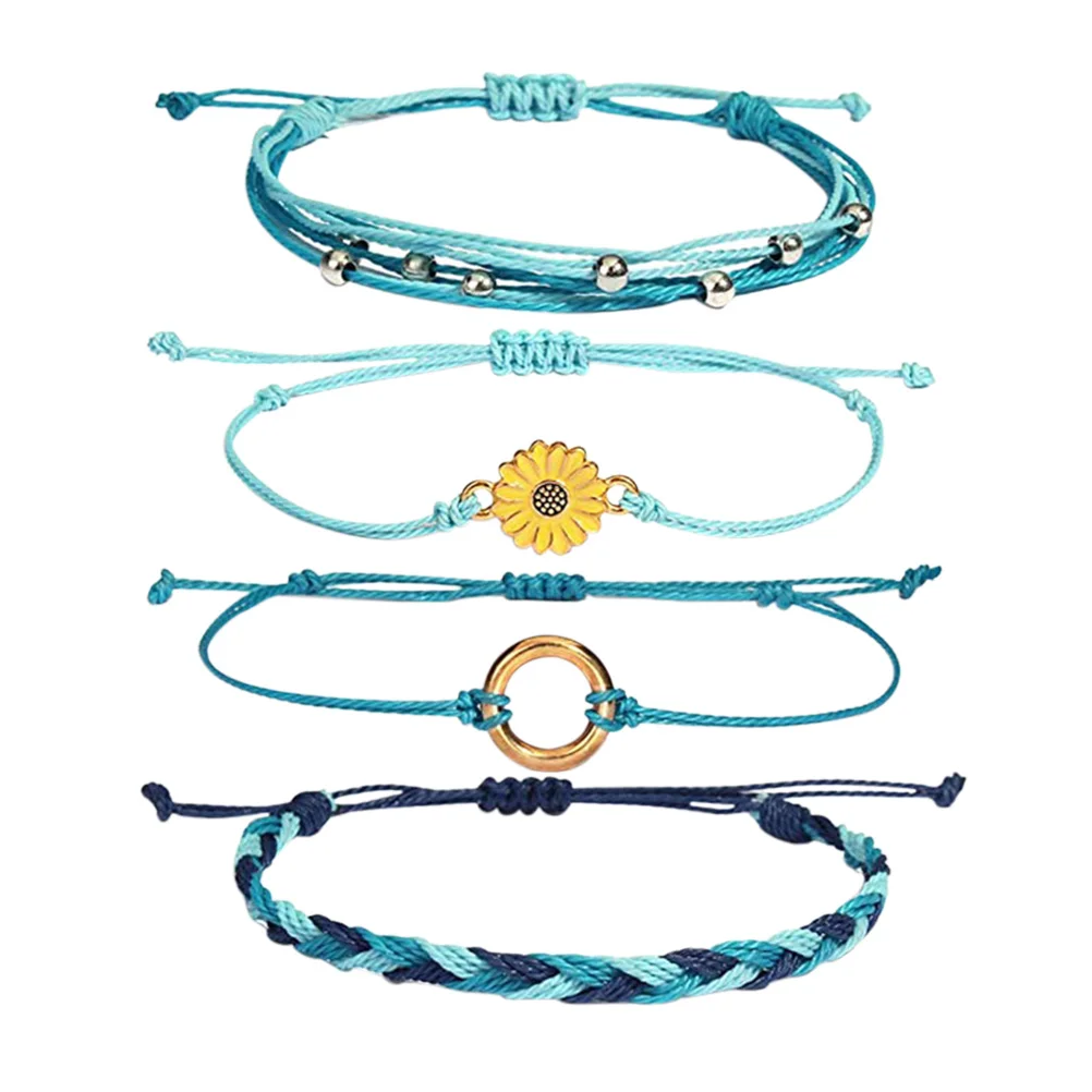 4 Pcs Sunflower Bracelet Handmade Bracelets Adjustable Chain to Weave Bohemian Wax Line Lovers