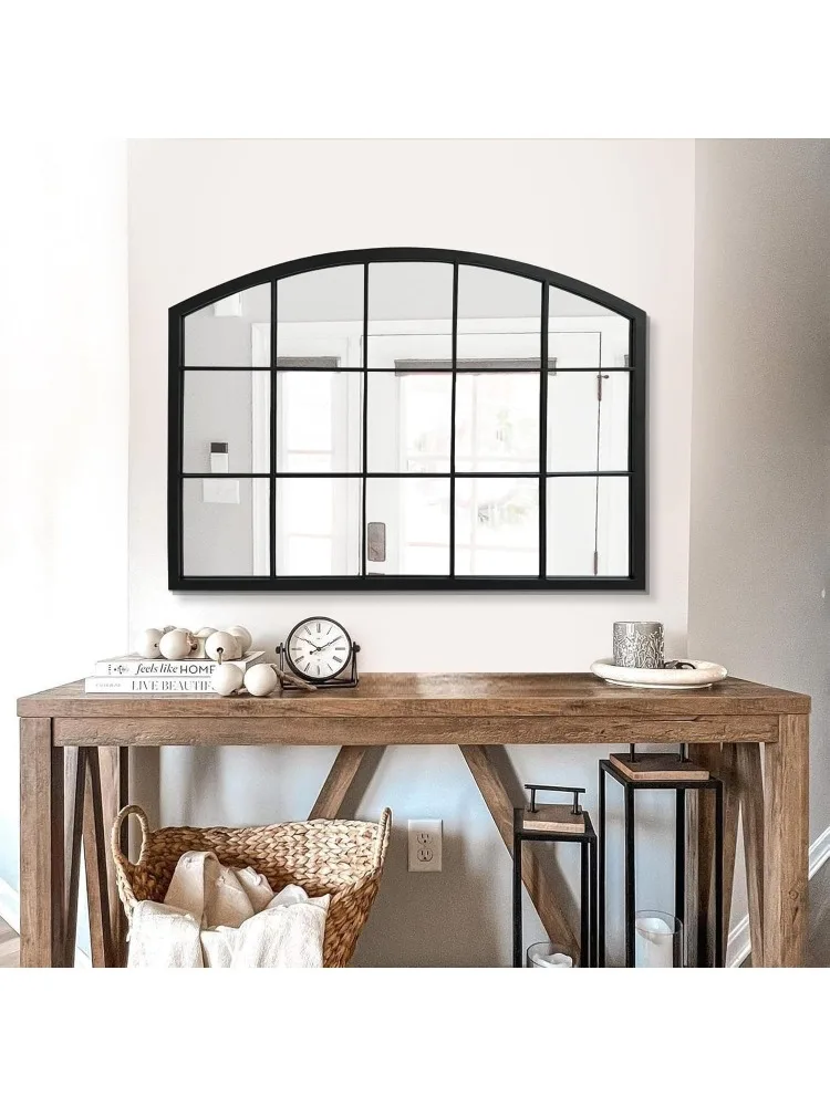 33 X24 Wide Window Pane Black Mirror Farmhouse Arched Wall Mirror,Mantel Mirror for Fireplace and Entryway or Living Room