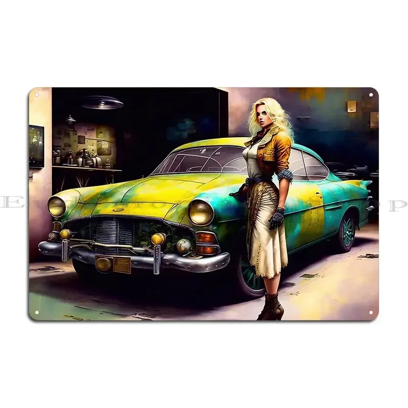 Blonde Woman Repairing A Car Metal Sign Plaques Kitchen Printing Designs Club Wall Decor Tin Sign Poster