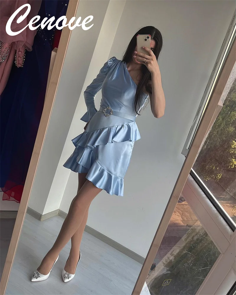 Cenove One Shoulder Neckline Prom Dress Short -Length With Long Sleeves Evening Summer Party Dress For Women2023