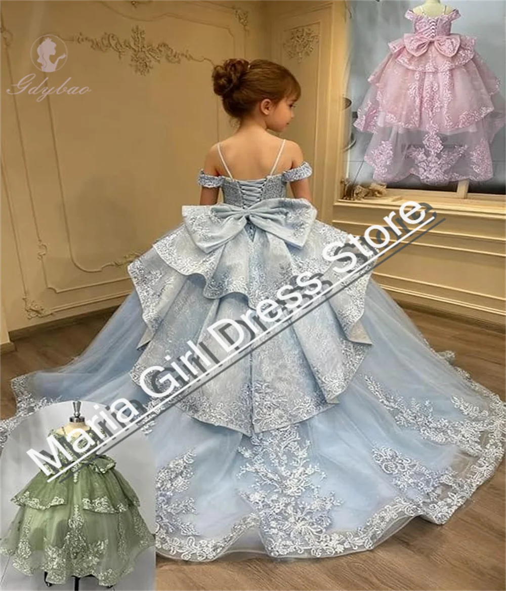 Customized Light Blue Flower Girl Dress For Wedding Bow With Thin Shoulder Straps Kids Birthday First Communion Gown
