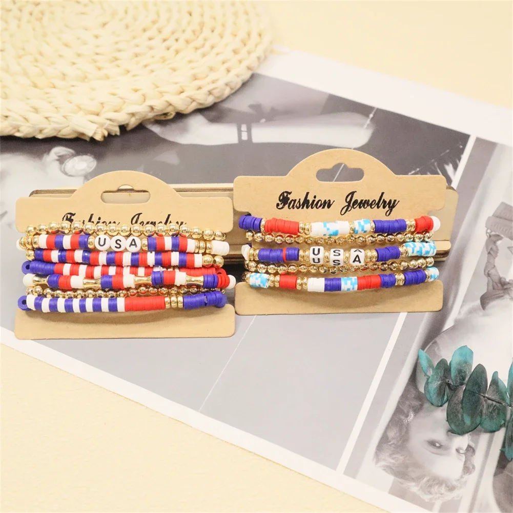 2024Independence Day Series Bunter Perlenarmreif, Alphabet-Armreif, klassischer gestapelter Armreif, elastisches mehrschichtiges Armband