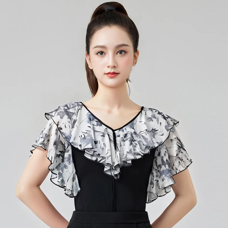 

Adults Tango Rumba Modern Dancing Top Short Sleeves Ballroom Dance Tops Women'S Ruffled Latin Dance Practice Wear DW10805