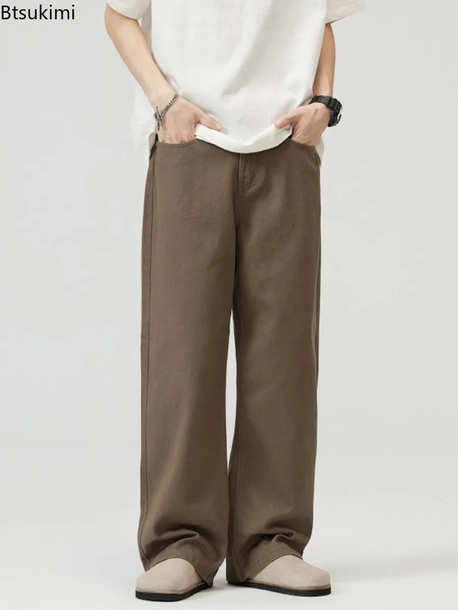 2025 Fashion New Men's Wide Leg Denim Pants High Waist Cotton Straight Pants Solid Baggy Jeans Simple All-match Trousers for Men