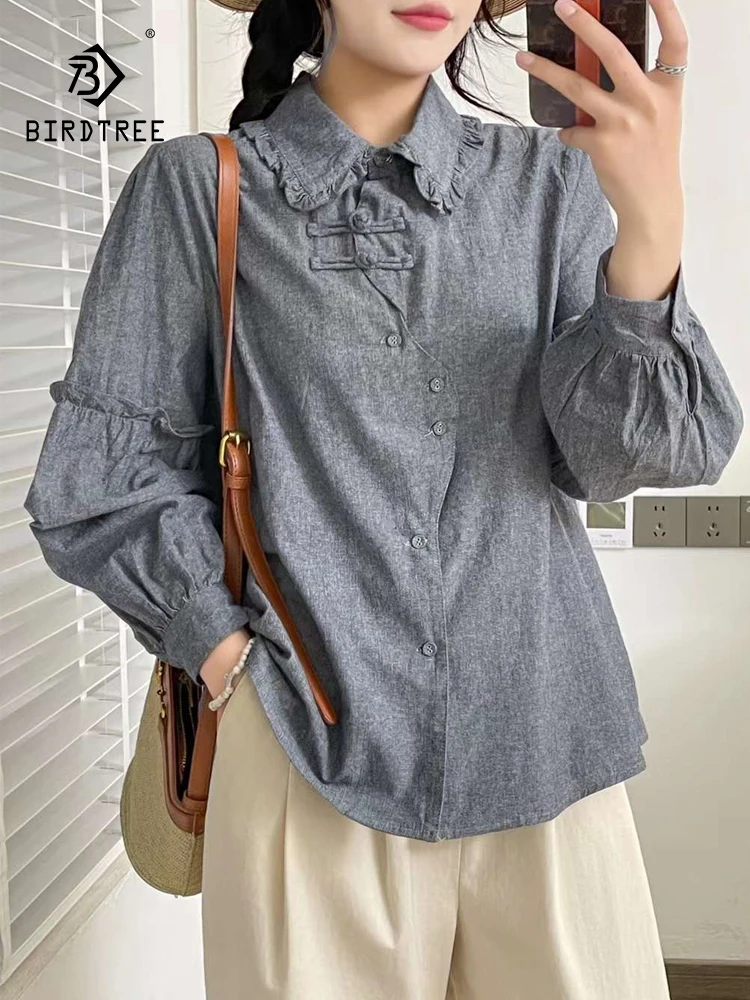 

New 2026 Spring Women Cotton Long Sleeve Shirt, Turn-down Collar Ruffles, Mori Girl Japan Preppy Style Loose Blouse T62554CC