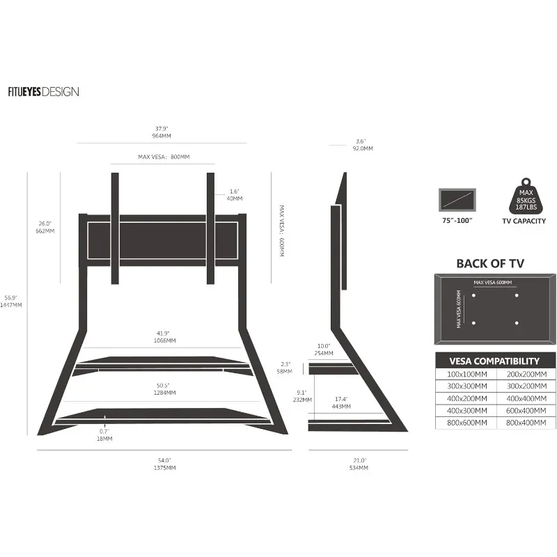 FITUEYES Design Large TV Floor Stand for 75 77 85 86 90 100 Inch TVs, Heavy Duty TV Stand Mount