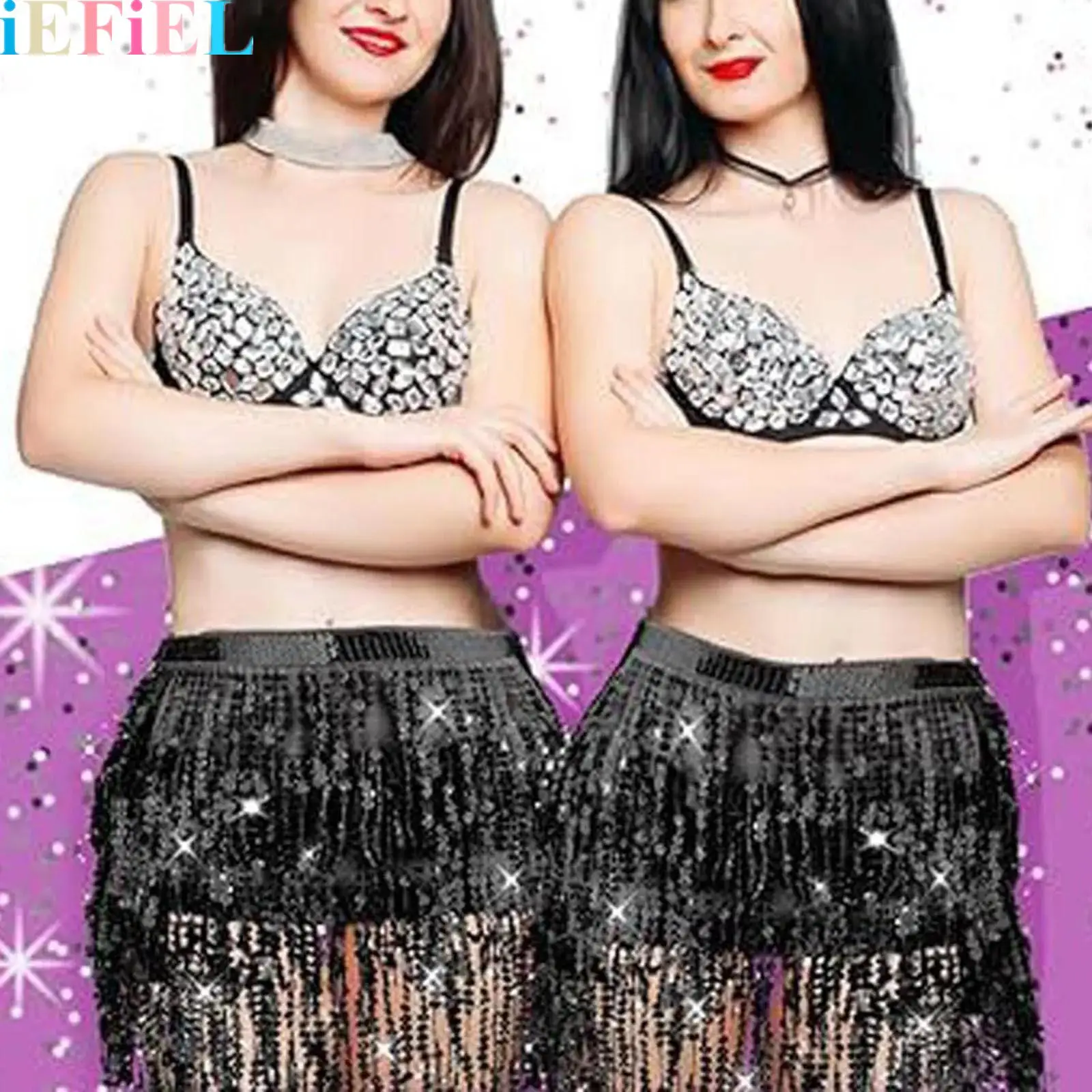 

2 Pieces Women Sequin Belly Party Costumes Set Tassel Belly-dance Waist Chain And Sequin Mask for Masquerade