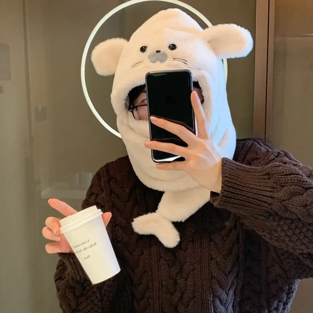 Cute Fleece Seal Plush Hooded Scarf 3 in 1 Cute Mask Pullover Hat Warm Beanie Earflap Hat Winter/Autumn