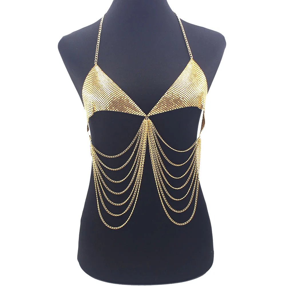 Hot Sale Metal Shiny Bra Tassel Women Bra Body Chain Good Quality Gold Silver Color Underwear Nightclub Jewelry