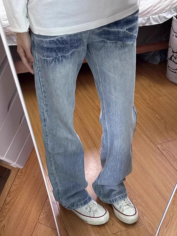

Blue Waed Lightning Pattern Men's Jeans High Street American Sle Straight Leg Micro Flared Long Trousers CleanFit