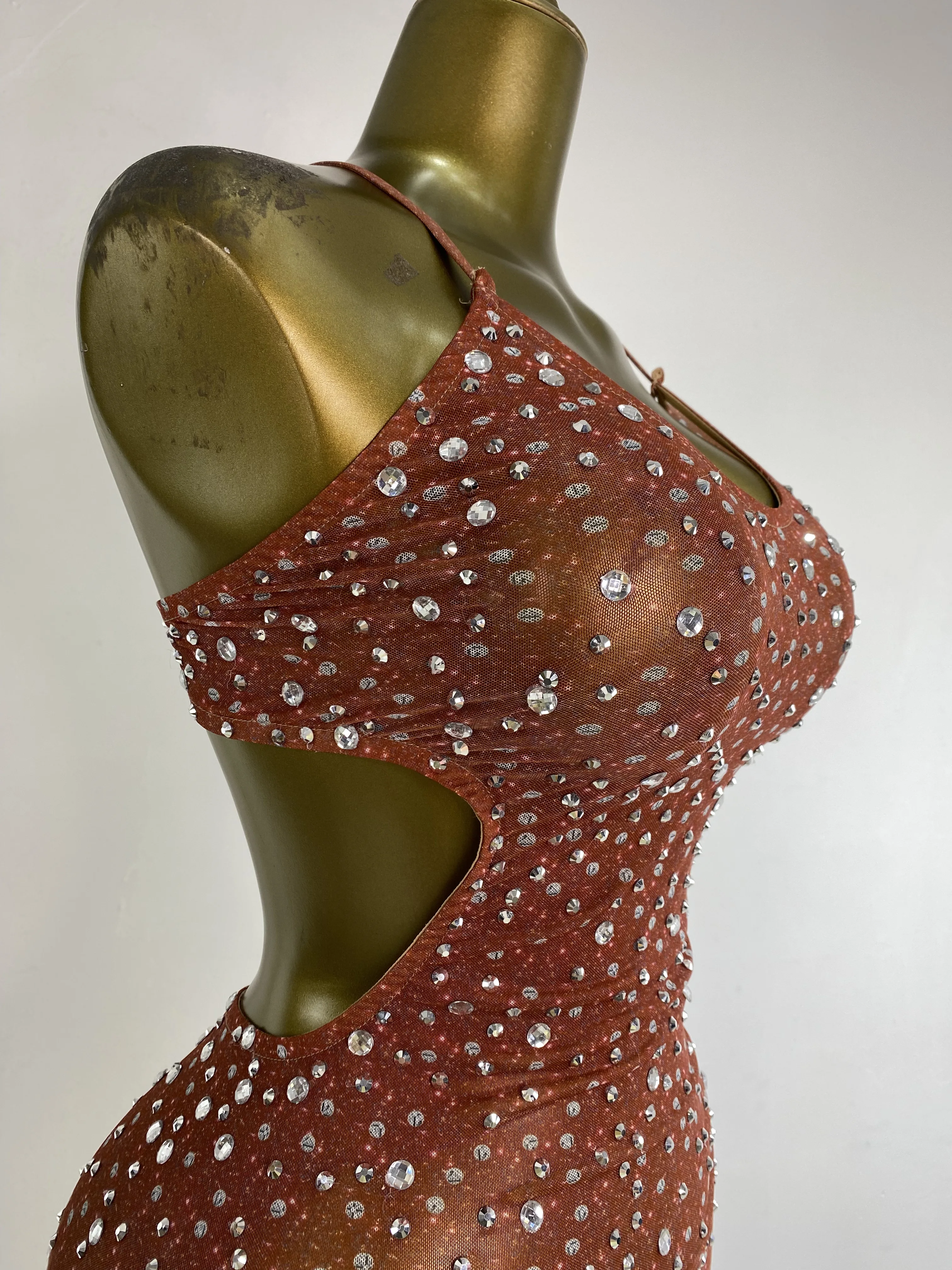 Women Luxury Brown Printed Rhinestones Cut Out See Through Maxi Long Dress Sexy Birthday Celebrity Evening Club Party Dresses