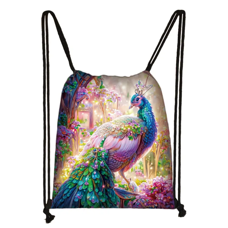 Fantasy Peacock Flowers Print Backpack Women Drawstring Bags Casual Outdoor Storage Bag Shoes Holder Teenager Book Bags Gift