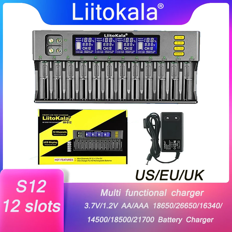 

LiitoKala Lii-S12 12-Slot 18650 20700 26650 21700 14500 10440 16340 1.2V 3.7V 4.2V Lion Battery LCD Battery Charger