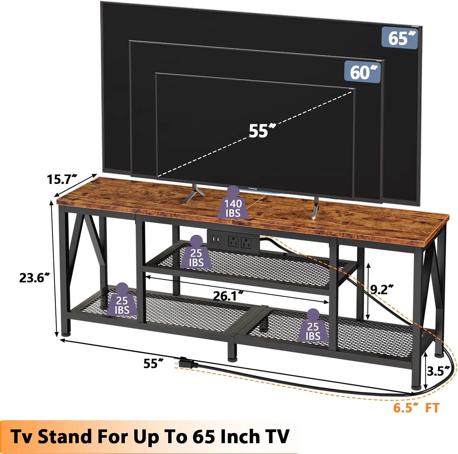 Centre de divertissement avec étagères de rangement ouvertes, table de console multimédia TV avec étagère de barre de son, support TV pour téléviseurs jusqu'à 55 pouces